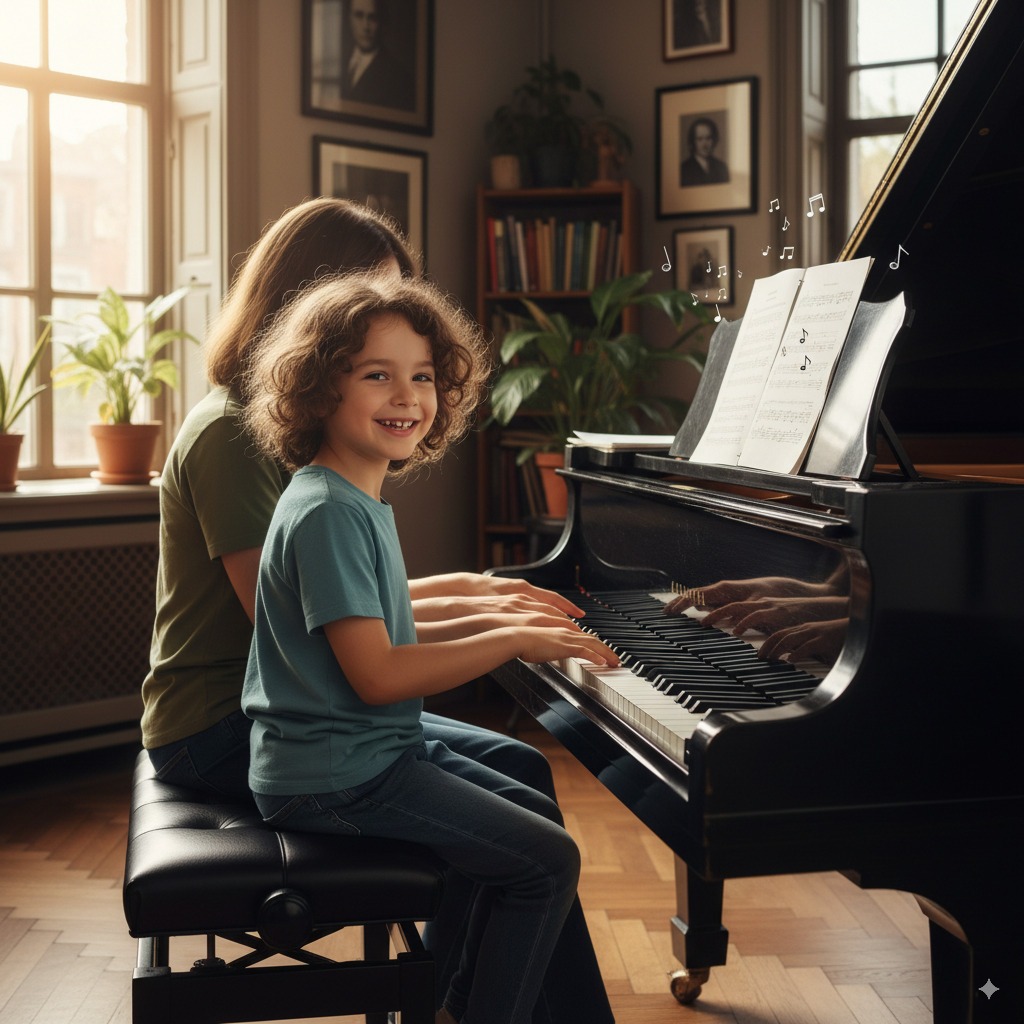 Smiling child at the piano during a lesson