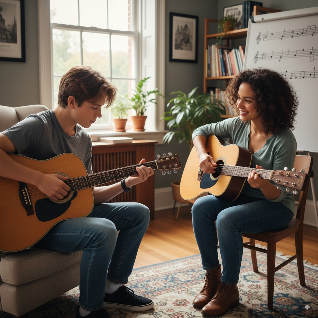 Student strumming acoustic guitar with instructor