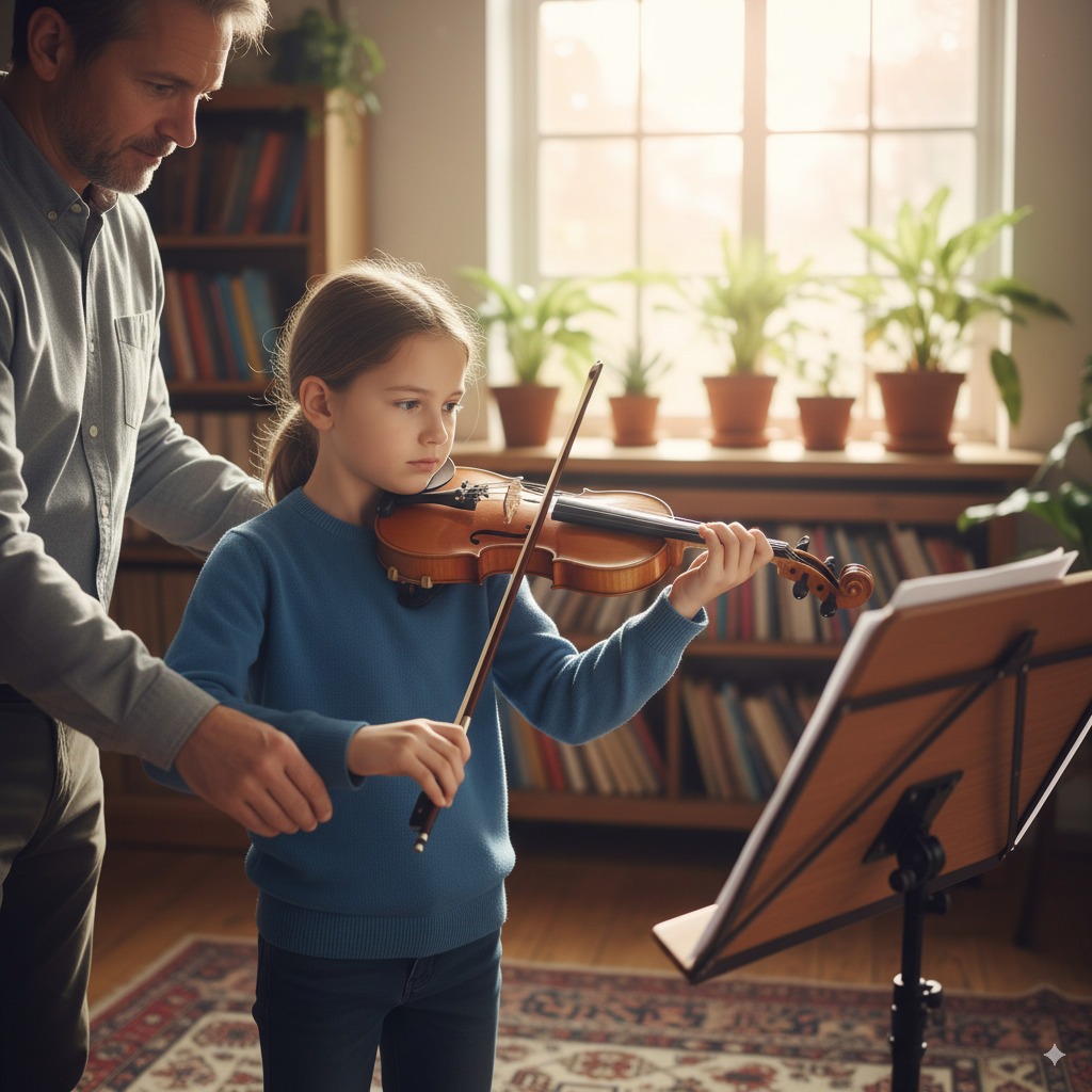 Young violinist practicing proper bow hold
