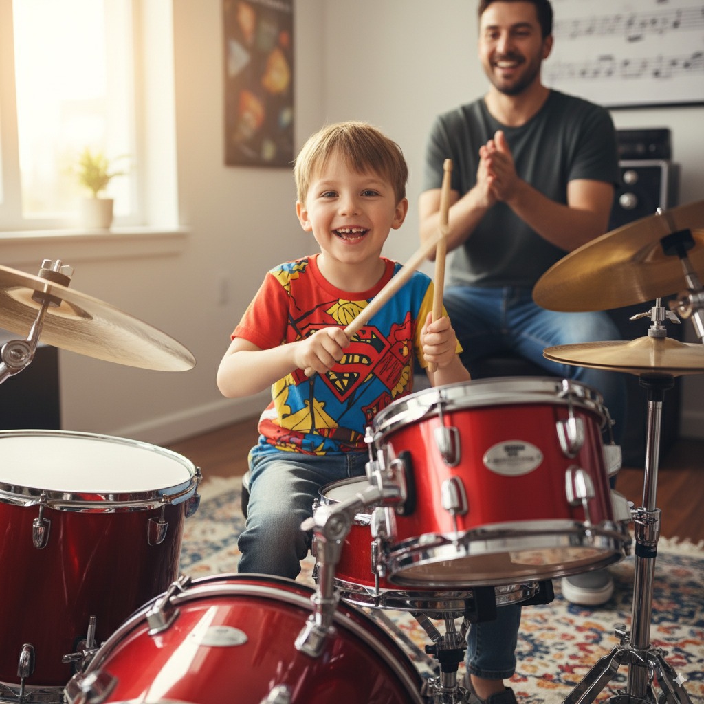 Child playing drum kit with big smile