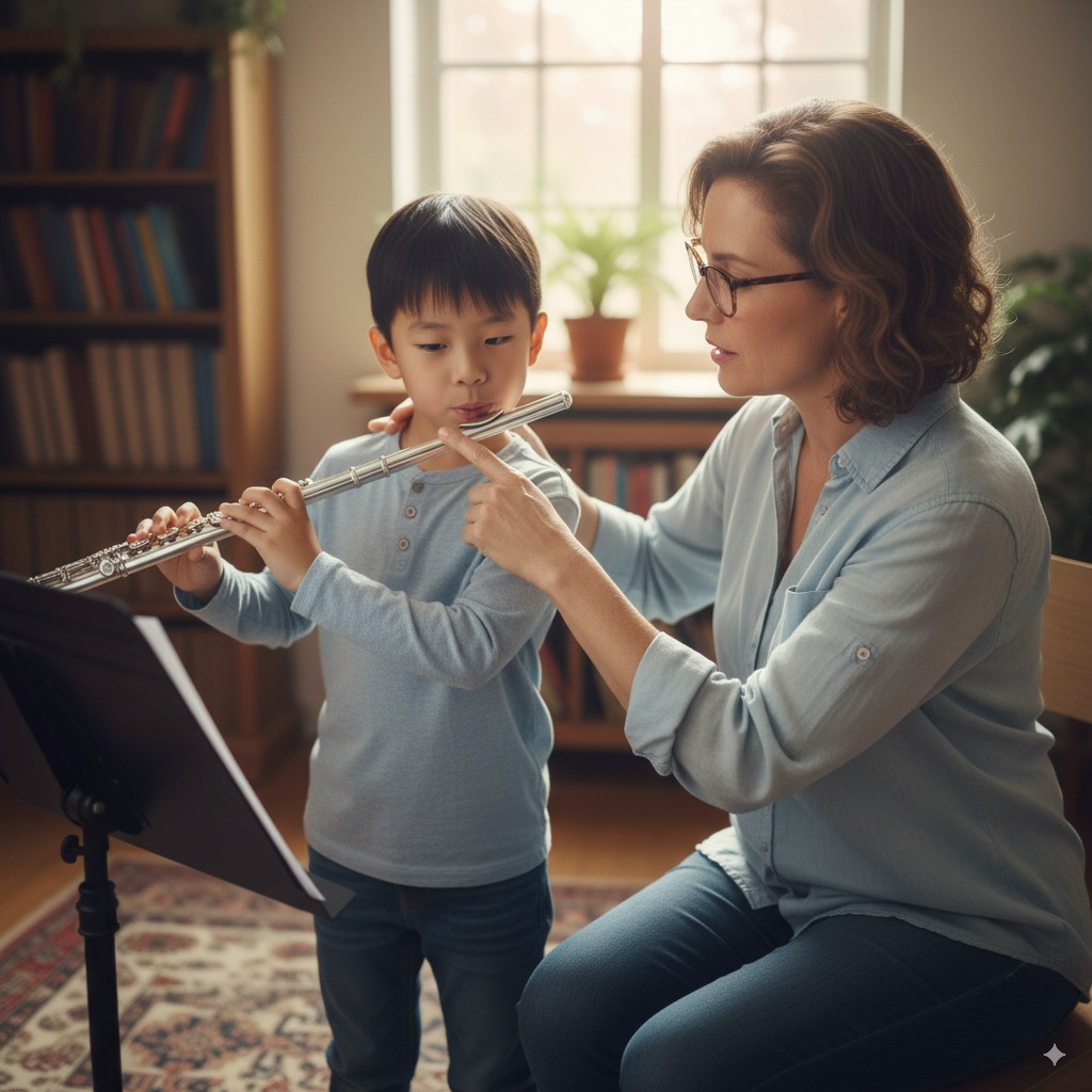 Young musician in band setting with brass instrument (placeholder image)