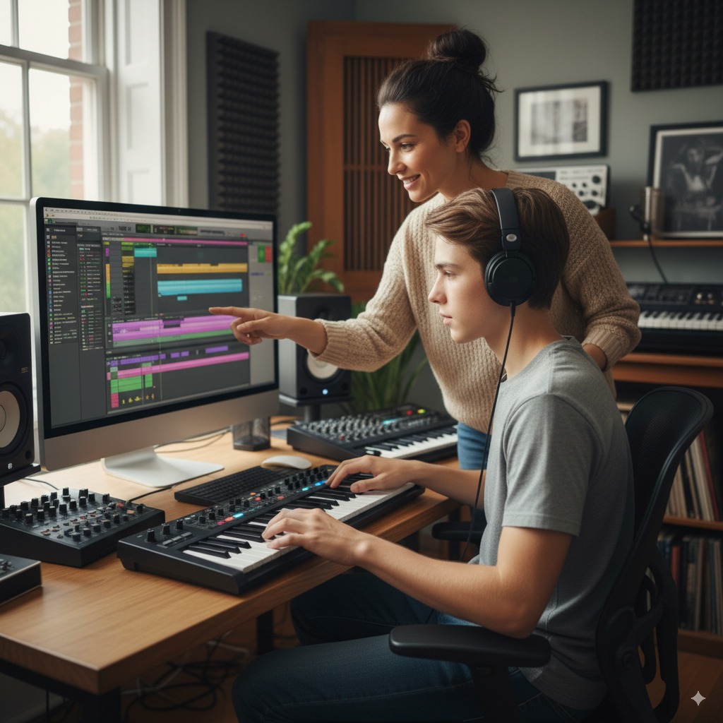Teen learning DAW recording and beatmaking