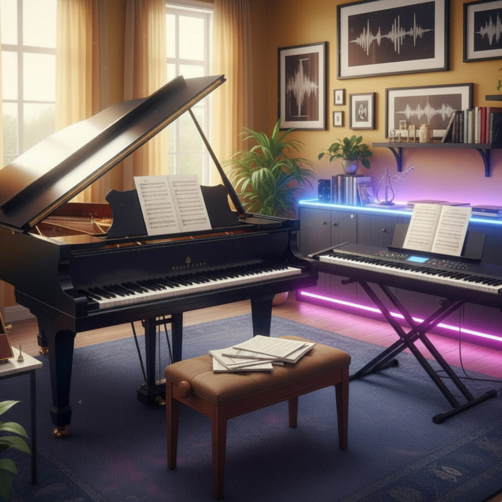 Hands on piano keys with soft light